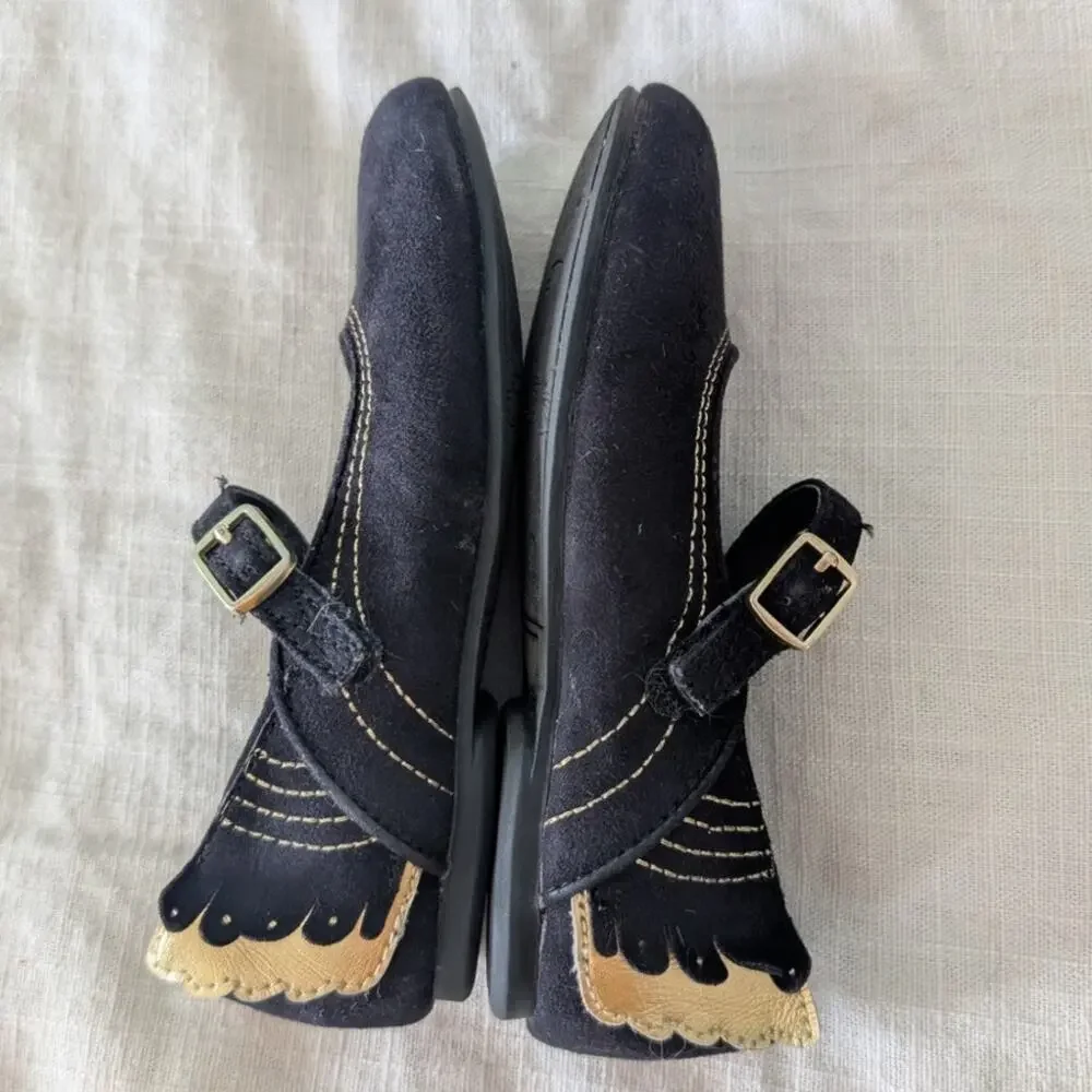 Cat & Jack Girls Black Gold Winged Mary Jane Flats Faux Suede size 9